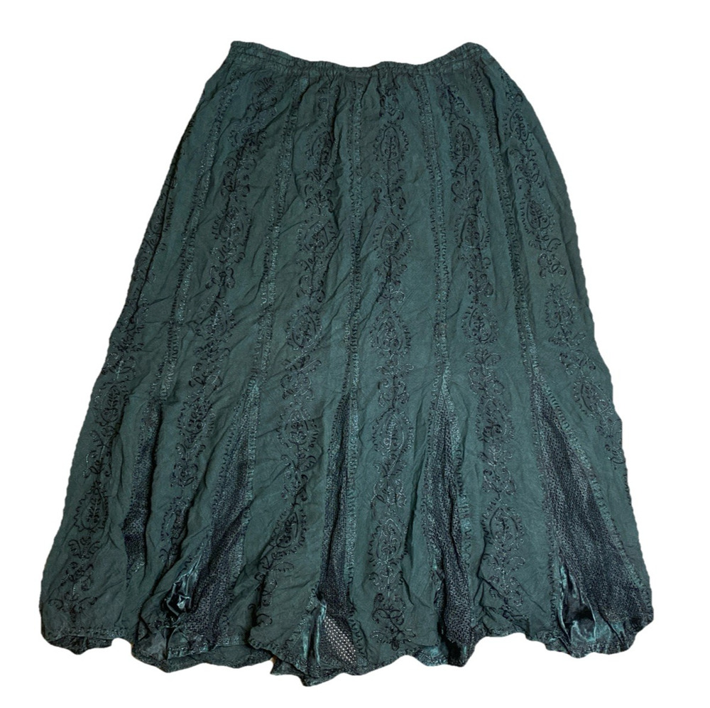 Vintage Patchwork Maxi Skirt 22W Plus Forest Green Boho Embroidered Ren Fair
